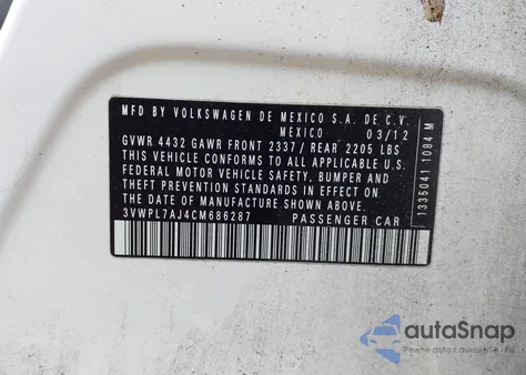 2012 Volkswagen Jetta Sportwagen 2.0L Tdi z USA, uszkodzony, nr VIN 3VWPL7AJ4CM686287